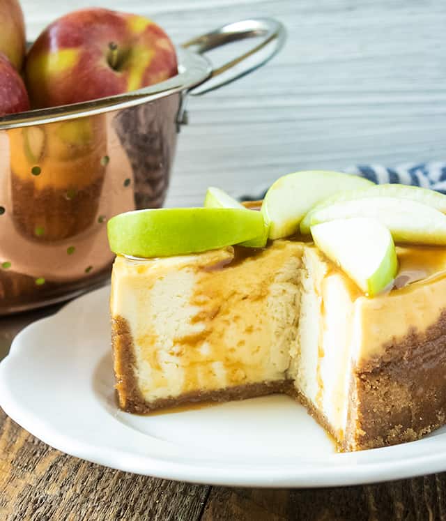 instant caramel apple cheesecake with slices missing