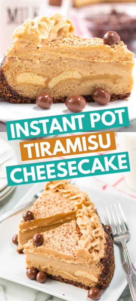 pinterest collage of tiramisu cheesecake with blocks of text