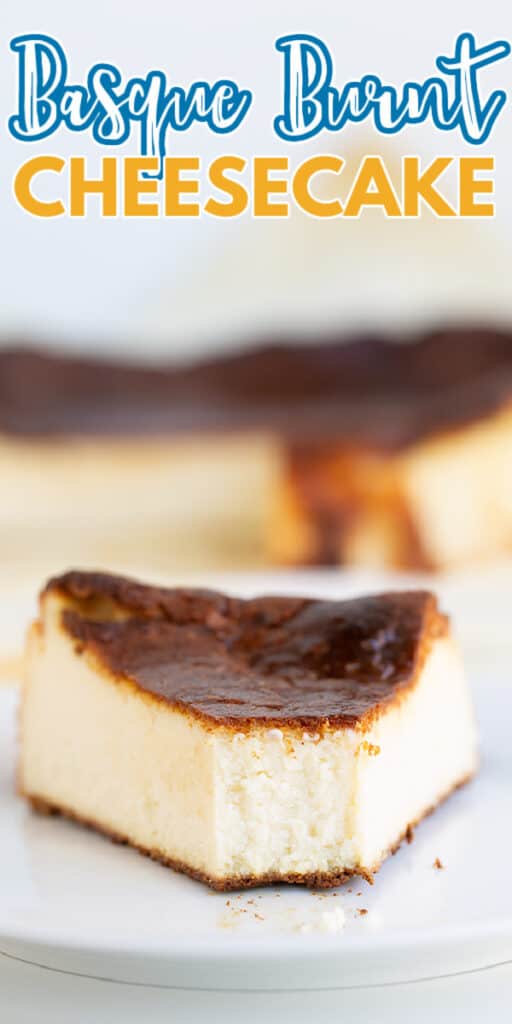 zoomed in photo of a cheesecake with a bite taken out with text at the top
