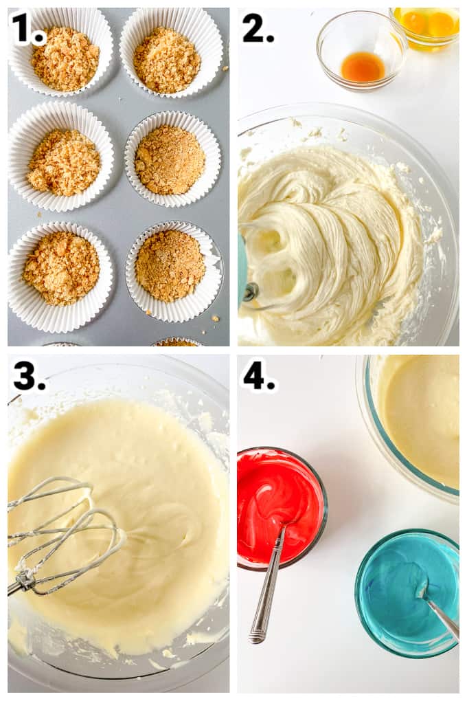 Step by step photos on how to make the mini red white and blue cheesecakes