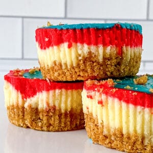 square image of the mini cheesecakes on a white surface